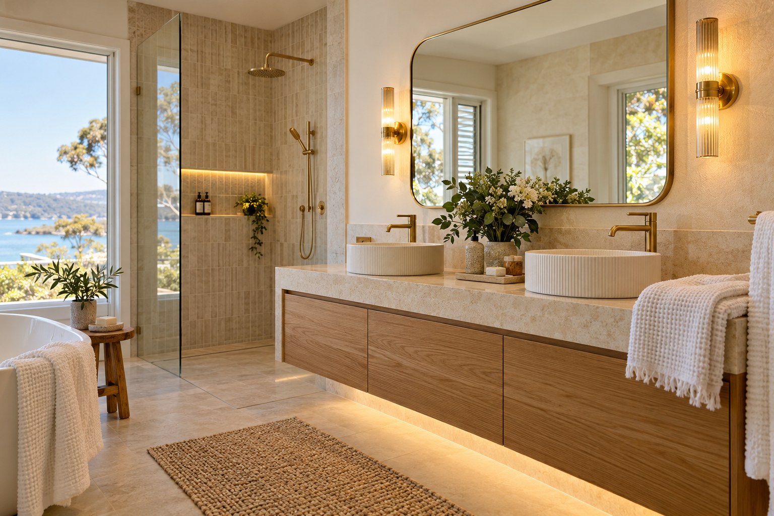 AI-generated inspiration: coastal bathroom with gold taps, brass wall sconces and softly illuminated oak vanity