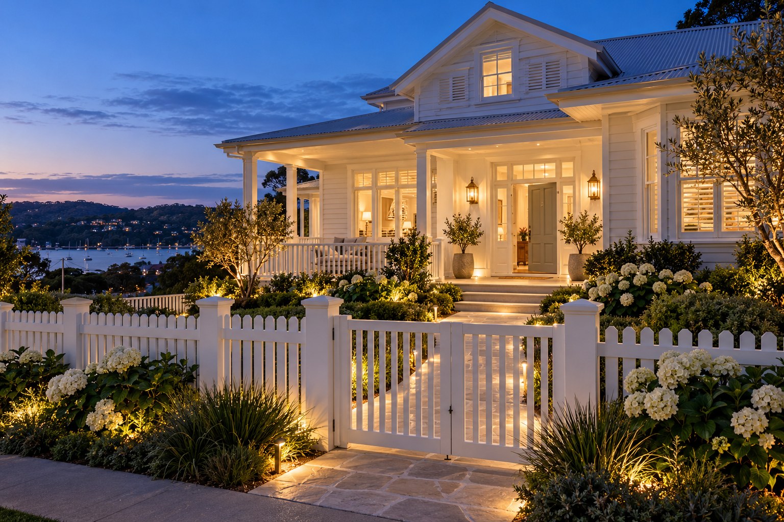 AI-generated inspiration: white coastal home with a picket fence, brass porch lights and warm garden lighting at dusk