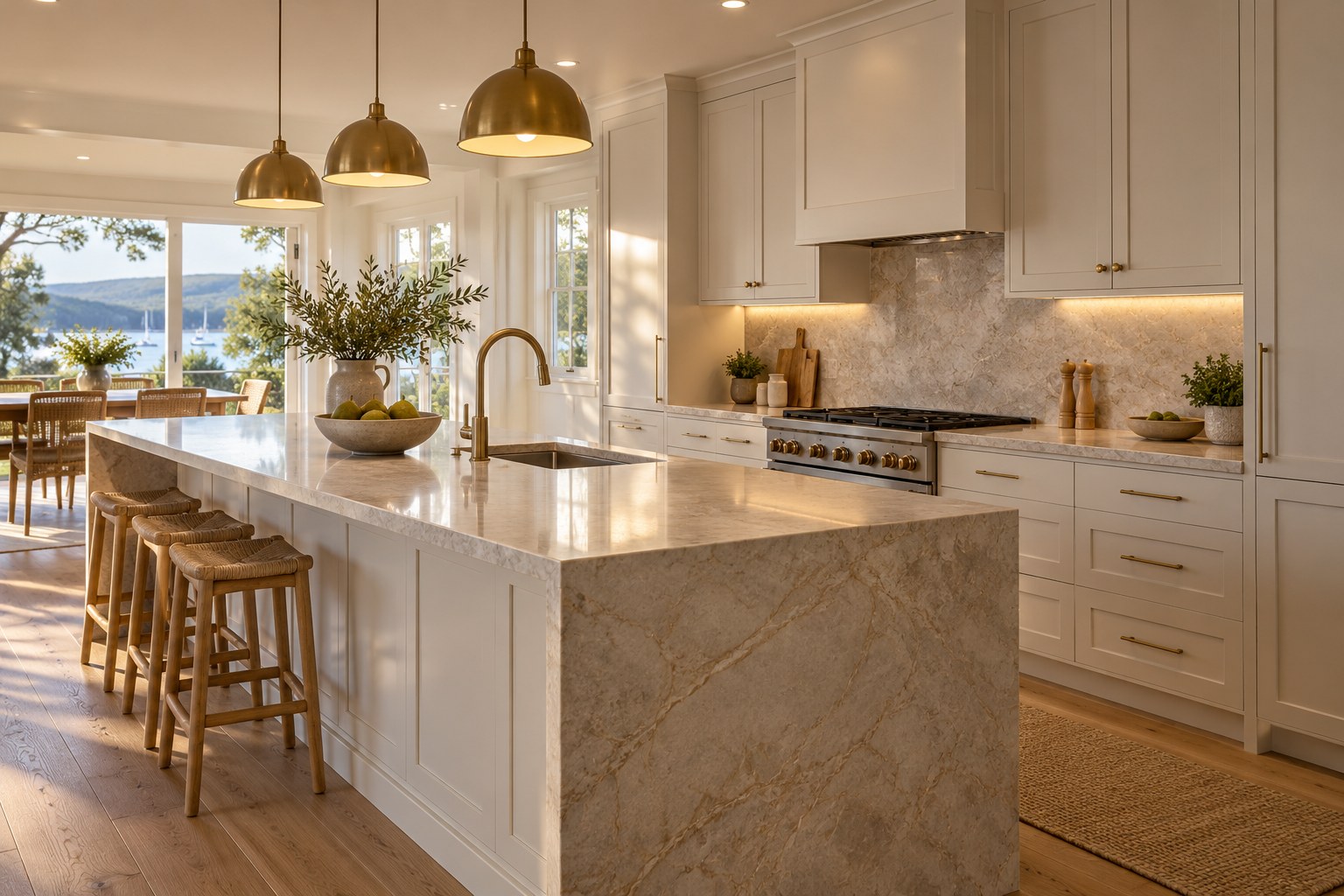 AI-generated inspiration: ivory coastal kitchen with brass pendant lights, a gold mixer tap and warm under-cabinet lighting